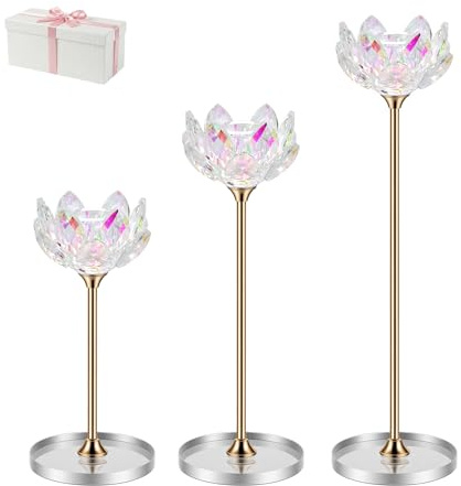 Candlestick Holders Set of 3, Lotus Crystal Candle Stand with Mirror Base | Elegant Table Centerpieces with Gift Box for Decor, Wedding, Party (Taper candle,17/22/27 cm)