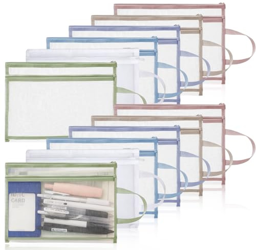 12 PCS Double-Layer Mesh Zipper Pouch Bags, A4 Colored Toy Storage Bags with Handles See Through Zip File Bag for School Office Home