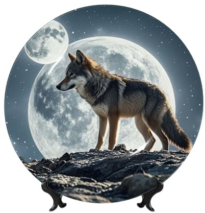 PAQOLSMCKR Bone China Dekorativer Teller Wolf unter Mond Keramik Speiseteller Wolf unter Mond Dekorative Teller Ständer Keramik Ornament Kunst Handwerk Porzellanteller für Wohnzimmer Küche Tisch