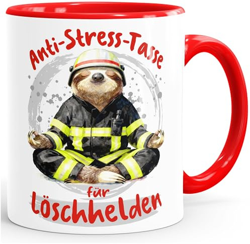 MoonWorks® Kaffee-Tasse Geschenk Feuerwehrmänner Anti Stress Bürotasse Faultier Lustig Arbeit Job Keramikbecher Weiss-innen-rot standard