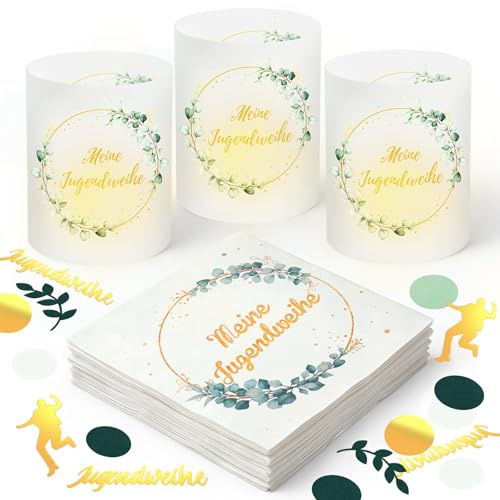 SEPGLITTER Jugendweihe Deko Set, 8 Stück Windlicht, 36 Servietten Jugendweihe 125 Konfetti, Grün Gold Jugendweihe Tischdeko Party Deko Geschenke Gastgeschenk Raumdekoration für Jugendweihe Feier