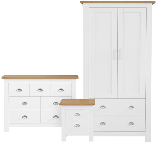 Blisswood Bedroom Furniture Set with 2 Door Wardrobe & 2+2 Drawer Chest of Drawers + 2 Drawer Bedside Table (2 Door Wardrobe + (4+3 drawer Chest) + 2 Drawer Bedside White)