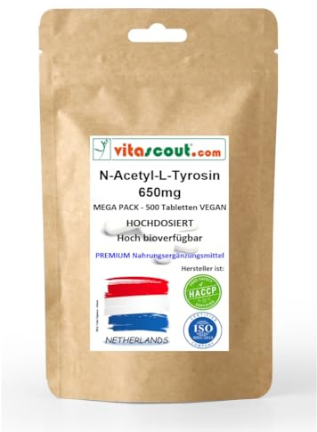 N-Acetyl L-Tyrosin 650mg NALT – 500 Tabletten VEGAN – Essentielle Aminosäure mit L-Leucin - verbesserte Bioverfügbarkeit – Ohne Gentechnik – Suchbegriff oft: Mentale Leistungsfähigkeit