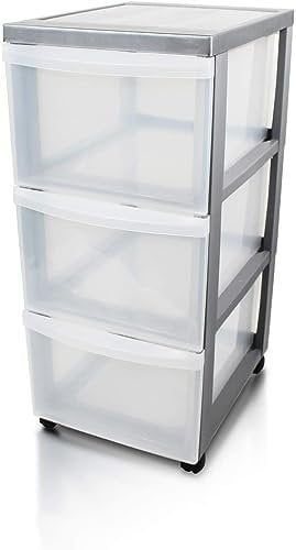 Iris Ohyama Kunststoff-Schubladenbox mit Rollen, 3 tiefen Schubladen, Silber, Griffe zum Ziehen, Für Schlafzimmer, Bad, Schule & Büro, BPA-frei, Schubladenschrank, Rollcontainer, A4 Drawer, DC-303