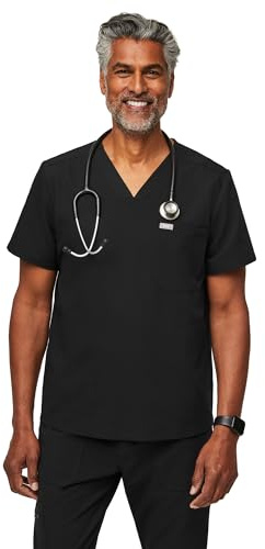 FIGS Chisec Scrub Top für Herren - 3 Taschen, taillierte Passform, karierter V-Ausschnitt, 4-Wege-Stretch, Feuchtigkeitstransport, Schwarz, Mittel