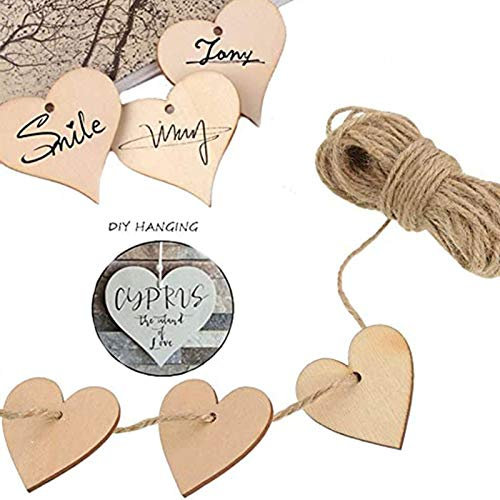 ToBeIT Herz Holz Scheiben 5cm 100 Stücke mit 10 Meter juteschnur - Holzanhänger Herz für DIY Handwerk Verzierungen Naturholzscheiben (100pcs/50mm)