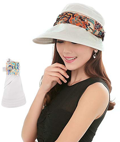 ITODA 2-in-1 Ladies Wide Brim Sun Hat Foldable Visor Cap UPF 50 UV Protection Sun Hat Summer Beach Hats with Detachable Neck Protector Hood for Travel Holiday Beach Cycling Headwear Beige