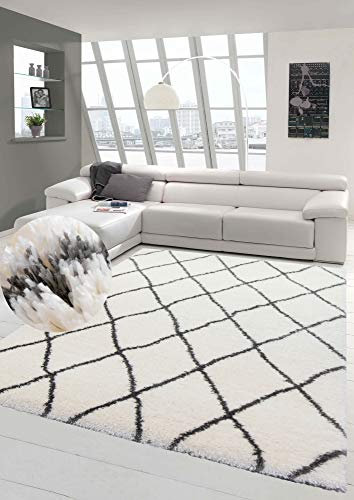 Teppich Shaggy Hochflor Teppich Langflor Rautenmuster in Creme grau Größe 120x160 cm
