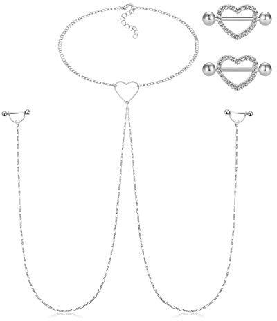 AceFun 3Stk Brustwarzenpiercing Nippel Ring mit Kette Halskette Herz Zirkon Nippelpiercing Brustpiercing Barbell Piercing Unisex Punk silber herz