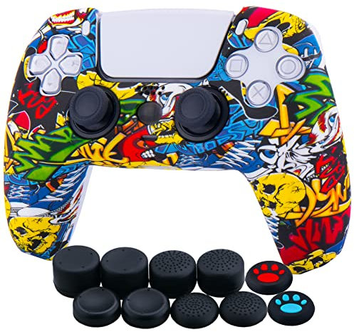 YoRHa Silicona Espesar Impresión Funda Piel Carcasas Cubierta Compatible de PS5 Mando x 1 (Cráneos cómicos) con Agarres para el Pulgar x 10