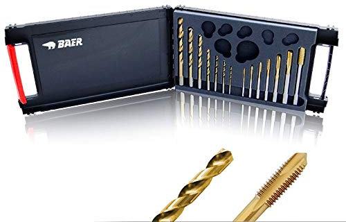 BAER Set HSSE-TIN: Gewindebohrer Durchgangsloch | Kernlochbohrer: M 3-12 - Gewindeschneid-Set | TIN-Gewindebohrer-Satz