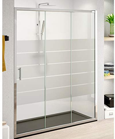 Mampara de Ducha FRONTAL Corredera 3 Hojas Monza– 1 Fijo y 2 Puertas Correderas Serigrafía – Altura 1,90 Metros y Cristal Templado 5mm Espesor 130 cm (Adaptable de 126 a 130cm)