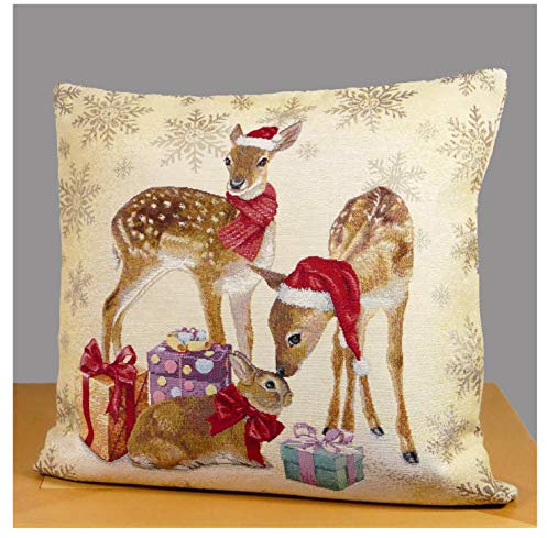 atelier alles-Spitze Festliche Gobelin-Kissenhülle Weihnachtsrehe | Hochwertiger Kissenbezug in beige-braun mit Rehen, Geschenken und einem kleinen Hase | Größe 45 x 45 cm