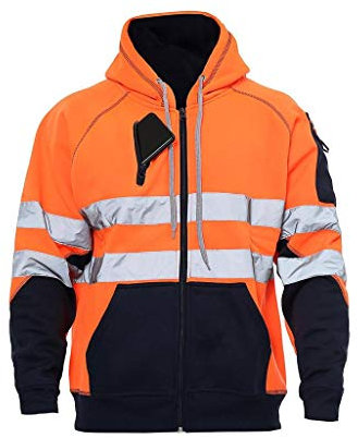 Romaans Hi Vis Hoodie Sweatshirt Safety Work Reflective Jumper Hoodie High Viz Hoodie High Visibility Sweatshirt 3 Zipped Pocket (Zipper Orange Tone, M)