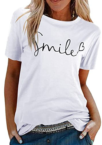 Tuopuda T-Shirt Damen Sommer Oberteile Rundhals Kurzärmeliges Print Bluse Basic Shirt Bequem Baumwolle Tunika Tee Tops Schlank Hemd für Frühling Sommer Herbst, Z1-Weiß, M