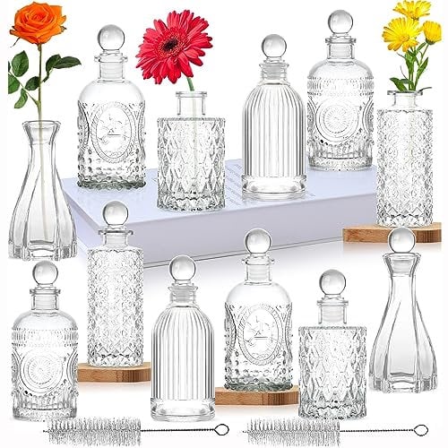 Bud Vase Set of 12 with Stoppers - Mini Vases for Flowers, Embossed Clear Glass Vases, Vintage Bottle Style - Great for Table Decor & Wedding Centerpieces