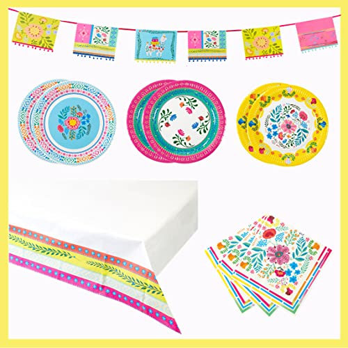 Suministros de fiesta boho para 12 invitados – Incluye 12 platos florales coloridos, 12 bonitas servilletas, 1 banderín mexicano, 1 mantel de papel | Ideal para cumpleaños temáticos de Encanto,