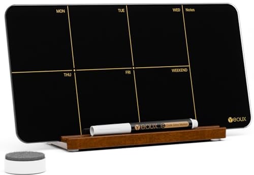 Schwarzer Glas-Wochenplaner, trocken abwischbar, mit abnehmbarem Holzständer, kleiner, tragbarer Wochenkalender, To-Do-Liste, Whiteboard, 30,5 x 15,2 cm, für Büro, Zuhause, Schulen, Marker und