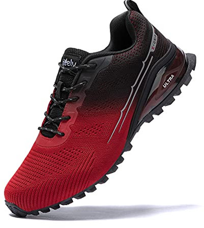 Kricely Traillaufschuhe Herren Leicht Atmungsaktiv Wanderstiefel rutschfest Laufschuhe Outdoor Fitness Straßenlaufschuhe(Rot Schwarz 43)