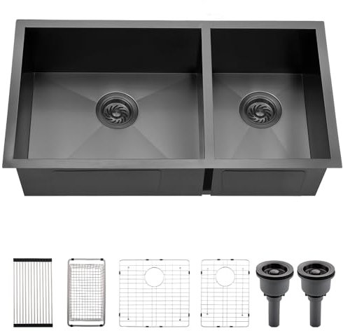 33x17 Inches Black Double Bowl Kitchen Sink Undermount Black Stainless Steel 60/40 Double Sink 16 Gauge Double Basin Kitchen Sink