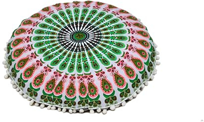 Runder Mandala-Boden-Kissenbezug, Sitzkissen, Überwurf, Ottomane, Pouf-Bezug, Pom-Pom-Kissenbezüge, Hippie, dekorativ, Bohemian-Boho-Indianer, 56,9 cm (22 Zoll) (Grün / Weiß)