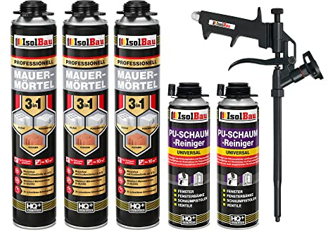 Isolbau Mauermörtel Set: 3x 750 ml PU-Mörtel 2x 500 ml Pistolenreiniger 1x Teflon Schaumpistole, PU-Reiniger, Montageschaum, Pistolenschaum