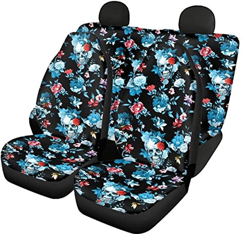 Howilath Autositzbezug-Set mit Totenkopf-Motiv, Blumenmuster, Schwarz