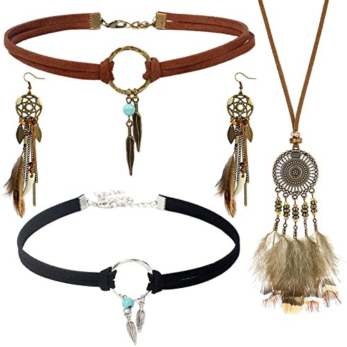 Boho Schmuck Set für Damen Bohemian Feder Traumfänger Ohrringe Drop Leder Choker Halskette Vintage Bohemian Feder Anhänger Ohrringe Handmade Retro Türkis Schmuck Anhänger Boho Stammes Schmuck Sets