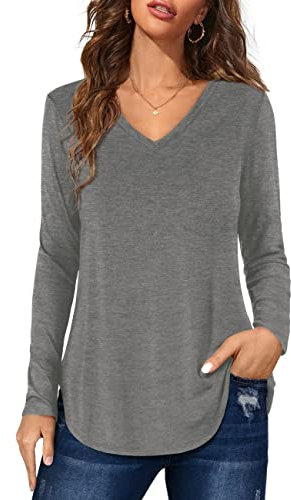 Florboom T Shirts for Women V Neck Tops Long Sleeve Ladies Casual Tee, Grey 18 20