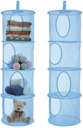 iTGOOS 1 Piece Hanging Mesh Storage Net Hanging Toy Storage 4 Tier Mesh Hanging Storage Basket Foldable Space Saving Organizer Compartments Hanging Mesh Storage Basket (Blue)
