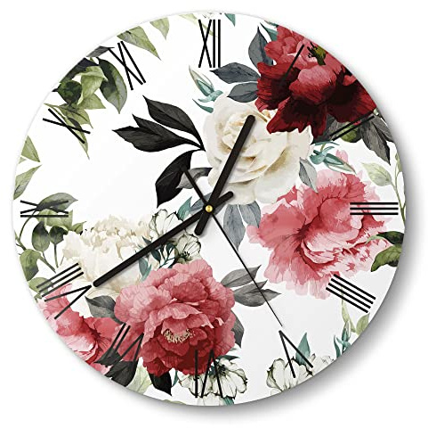 DEQORI Glasuhr | rund Ø 30 cm | Motiv Bunte Pfingstrosen | ausgefallene leise Design Uhr aus Glas | Wanduhr für Wohnzimmer & Küche | moderne Hingucker Uhr für die Wand
