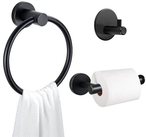 BEIJIE Toilettenpapierhalter Set, 3 Stück Badezimmer Einschließen Handtuchhalter Wand Rund, Klopapierhalter Edelstahl mit Bohren, Haken Selbstklebend Ohne Bohren, Für Bad, Küche, Büro, Schwarz Matt