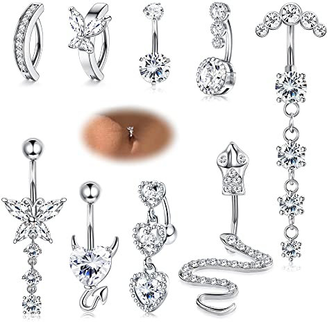 CASSIECA 9 Stück 14G Bauchnabelpiercing Chirurgenstahl Langer Anhänger Dangly Zirkonia Schlange Schmetterling Clicker Piercing Bauchnabel Bauchnabelpiercings