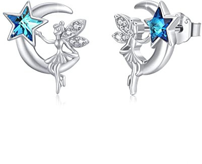Orecchini a forma di luna e fata, in argento Sterling 925, con elfo, mezzaluna, stella, con cristallo blu, per compleanni, donne, adolescenti e ragazze, Argento sterling