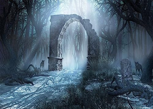 CORFOTO Stoff 9x6ft Düstere Landschaft Hintergrund antike Ruinen Wald Wölfe Halloween Fotografie Hintergrund verwelkte Bäume gruselige Kulisse für Partydekorationen Banner Studio Requisiten