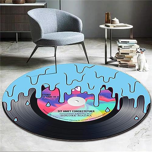 Aoligeinb Runder Teppich Platte Wohnzimmerteppiche Vintage Disc Print Dekorteppich für CD Musikalisches Muster Innenbodenmatte Instrumente Partyteppich