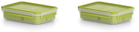 Emsa Clip & Go 518100 Lunch- und Snackbox | Mit 3 praktischen Einsätzen und Deckel | Volumen: 1,2 Liter | Transparent/Grün | 1 Stück (2er Pack)