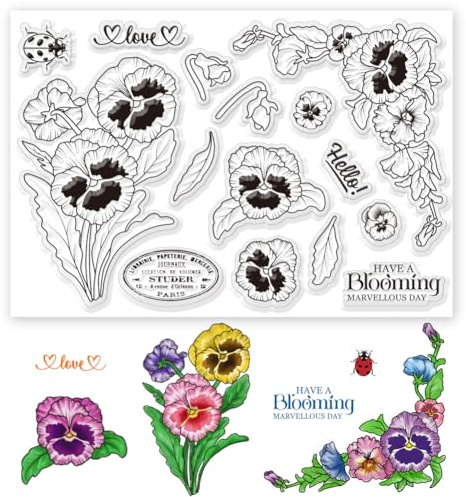 ORIGACH Pansy Clear Stamps for Card Making Spring Pansies Transparent Silicone Stamps for DIY Scrapbooking Journaling Photo Album Crafts Suppplies