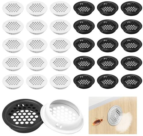 UTMACH 30 Pcs Rejilla de Ventilacion Redondo 35mm Rejilla Ventilacion de Acero Inoxidable Malla Agujero de Ventilación Orificio de Ventilación Redondo para Gabinete,Armarios de Cocina(Blanco y Negro)
