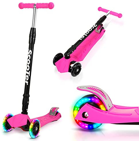 Fiqops Roller, Roller Kinder für 3–12 Jahre,Scooter Kinder mit 4 Verstellbaren Höhen, LED Leuchtenden Räder Kinder Roller,Faltbar Scooter Leicht zu Lenken,Hinterbremsen,Cityroller Kinder(Rosa)