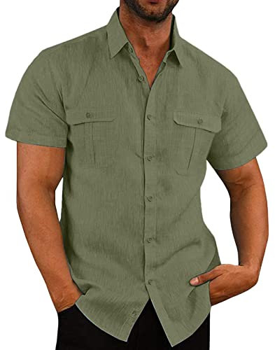 Linen Shirts for Men - Short Sleeve Button Down Casual Hawaiian Blouses - Cotton Linen - Regular Fit - Holiday Beach Shirt - Solid Henley with Pocket - UK Size 8-22