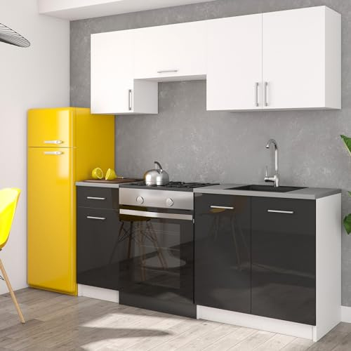 roe furniture Küchenzeile ohne Elektrogeräte - Modern Einbauküche 180 cm - Küche Komplett Leco - Küchenblock - Geräumige Singleküche - Küchenmöbel Schwarz Hochglanz & Weiß & Weiße Arbeitsplatte
