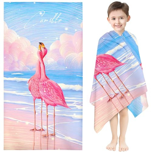 KIDSLOVE Serviette de plage personnalisée avec nom, serviette de bain flamant rose, serviette de bain avec nom flamant rose, en microfibre, grande serviette de plage, 100 x 200 cm, serviette de bain
