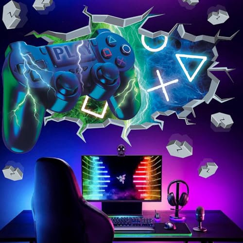 TOARTi 3D Wall Stickers for Gamer Bedroom Accessories Blue Gaming Vinyl Wall Decal Peel and Stick Controller Decal Video Game Removable Wall Art playroom Decor for Teens Gift