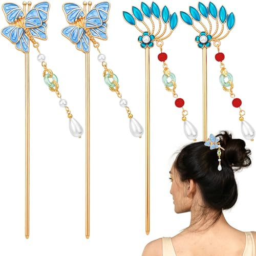 Lot de 4 baguettes à cheveux chinoises en forme de papillon en métal vintage avec perles dorées Hanfu classique bleu fourchette à cheveux pour femme