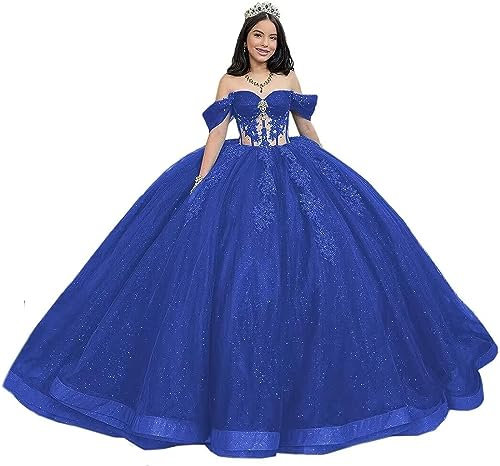 Fuomomo Vestidos de quinceañera de Encaje con Hombros Descubiertos, Vestido de Baile de Tul hinchado con Tren, Vestidos Dulces 15 16 con Cuentas Brillantes