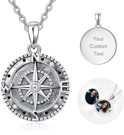 KINGWHYTE Medaillon Kette 925 Sterling Silber Kompass Halskette Personalisierte Foto Anhänger mit eingraviertem Text und Bild Amulett zum öffnen Halskette Geschenke für Frauen Männer