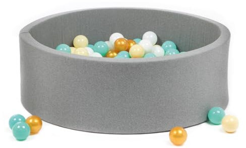 LUDI - Piscine à Balles Ronde en Mousse - Ø 90 cm x H 30 cm - pour Bébé dès 6 Mois - 100 Balles Incluses - Tissu Doux et Lavable - Couleur Gris - Favorise Motricité et Coordination - Facile à Monter