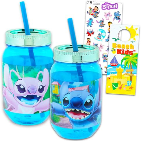 Disney Stitch Bicchieri d'acqua per ragazze – Bundle con 2 tazze Stitch e Angel con coperchio e cannuccia per la casa Plus tatuaggi, adesivi, altro ancora | Lilo and Stich Mason Jar Cup per bambini