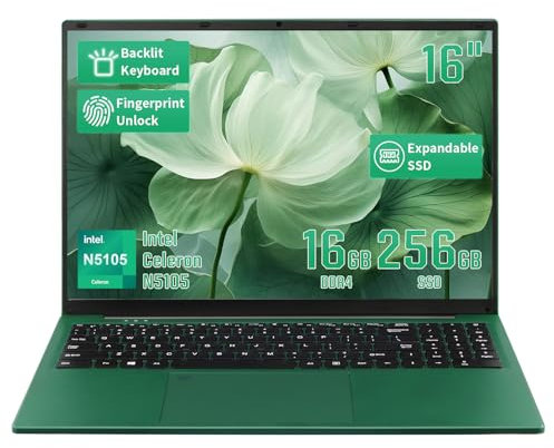 SZHUAGO 16 Inch Green Laptop,1920 * 1200 IPS,16GB DDR4 Windows11 Notebook PC, Celeron N5105(up to 2.9 GHz),Lightweight Notebook with Backlit Keyboard and Fingerprint Unlock (16+256G SSD)